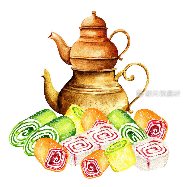 传统东方茶壶与土耳其软糖，rahat lokum, lukum，两个铜土耳其茶壶，东方茶饮在白色背景